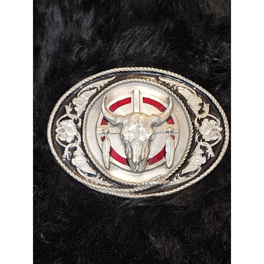Vintage Womens Western Longhorn 1991 Siskiyou Belt Buckle Skull And Feather